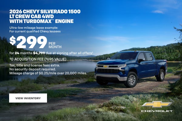 2026 Chevy Silverado 1500 LT Crew Cab 4WD with TurboMax Engine. Ultra-low mileage lease example: ...